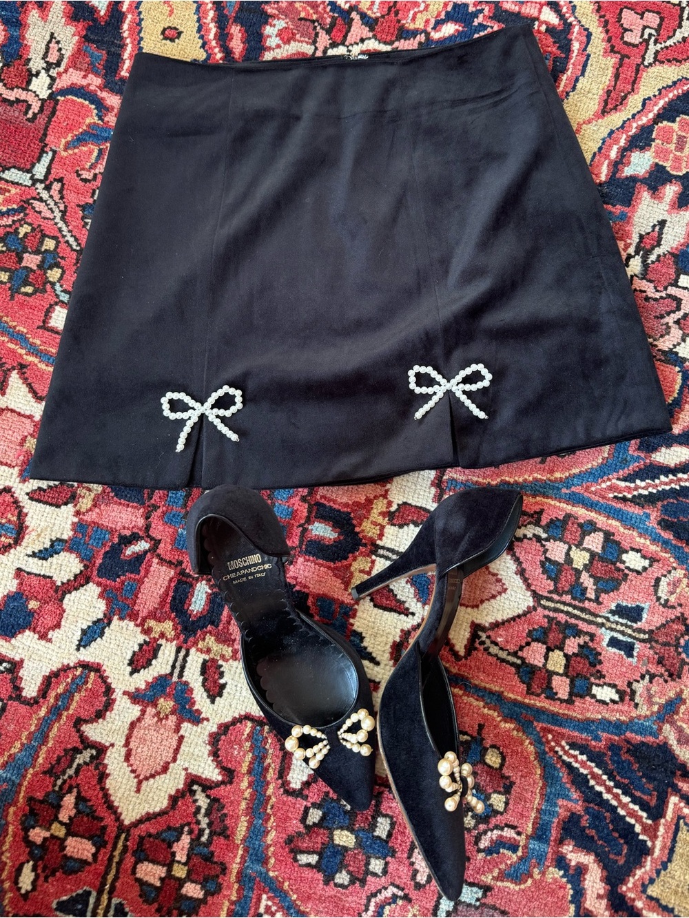 Black A-Line Mini Skirt with Pearl Bow Accents (matching heels available)